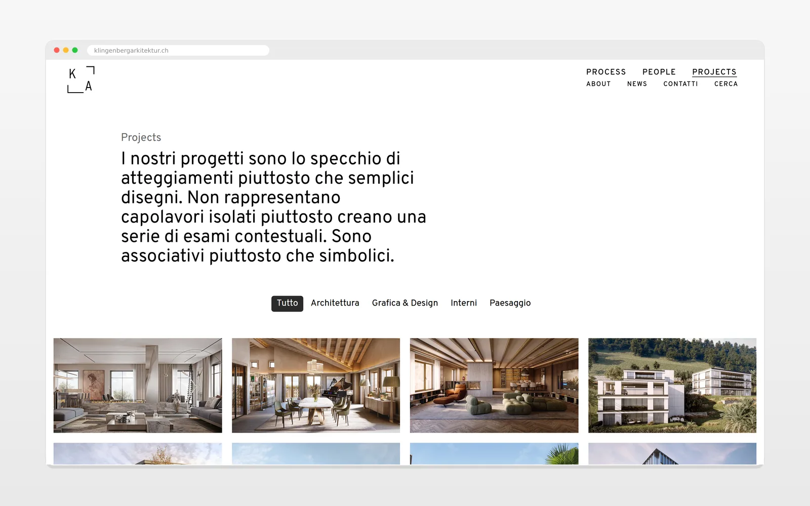 Una sezione interna del sito Klingenberg Arkitektur su desktop