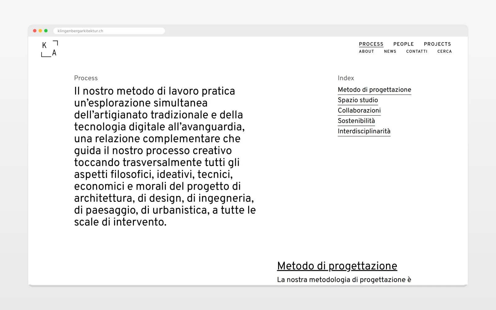 Una sezione interna del sito Klingenberg Arkitektur su desktop