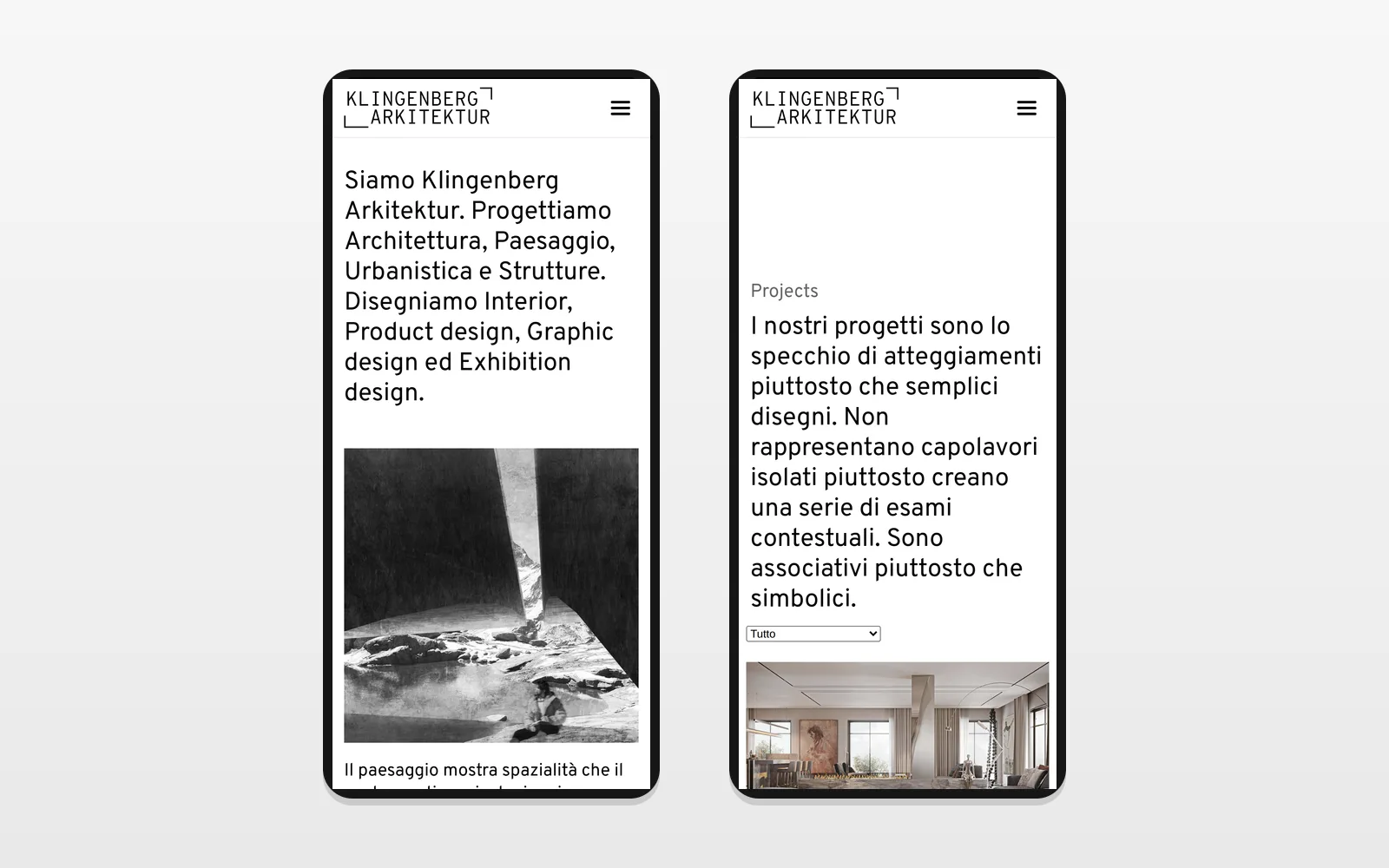 Il sito Klingenberg Arkitektur visto da smartphone