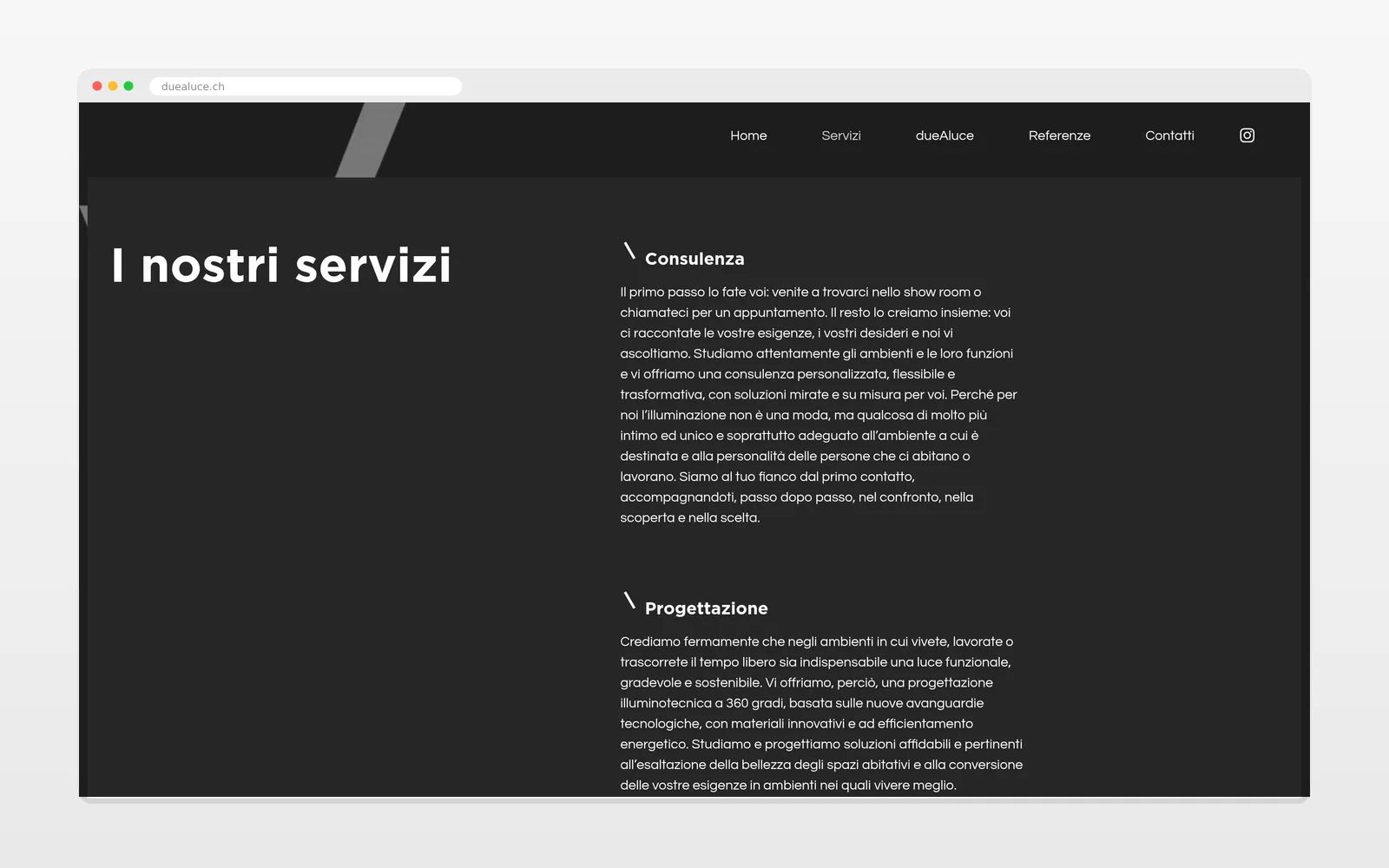 Una sezione interna del sito dueAluce su desktop