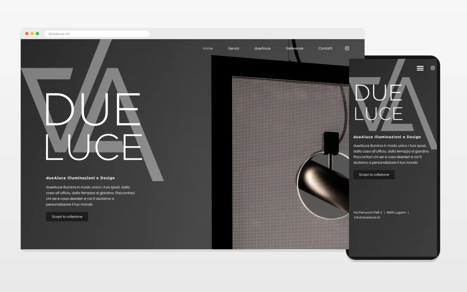 Home del sito dueAluce su desktop e su smartphone