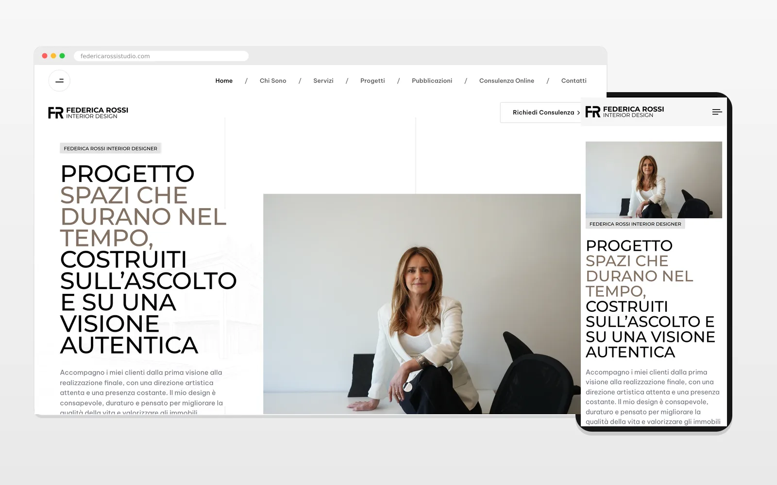 Home del sito Federica Rossi Interior Design su desktop e su smartphone