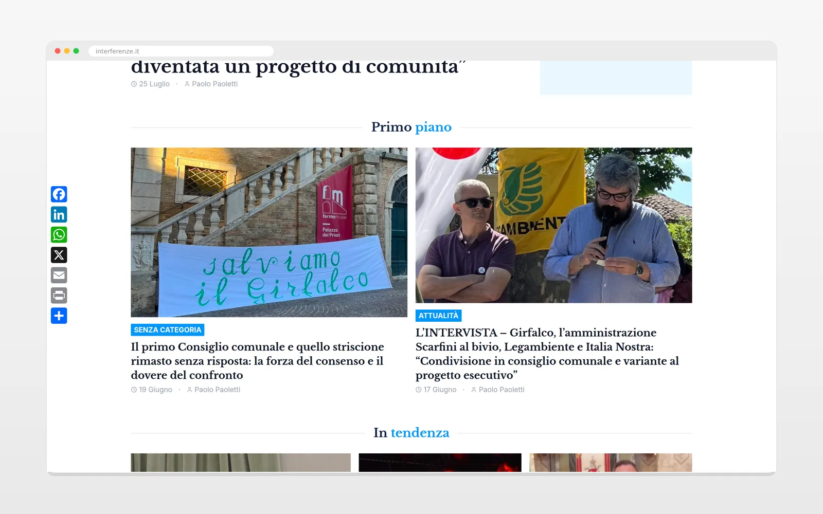 Una sezione interna del sito Interferenze su desktop