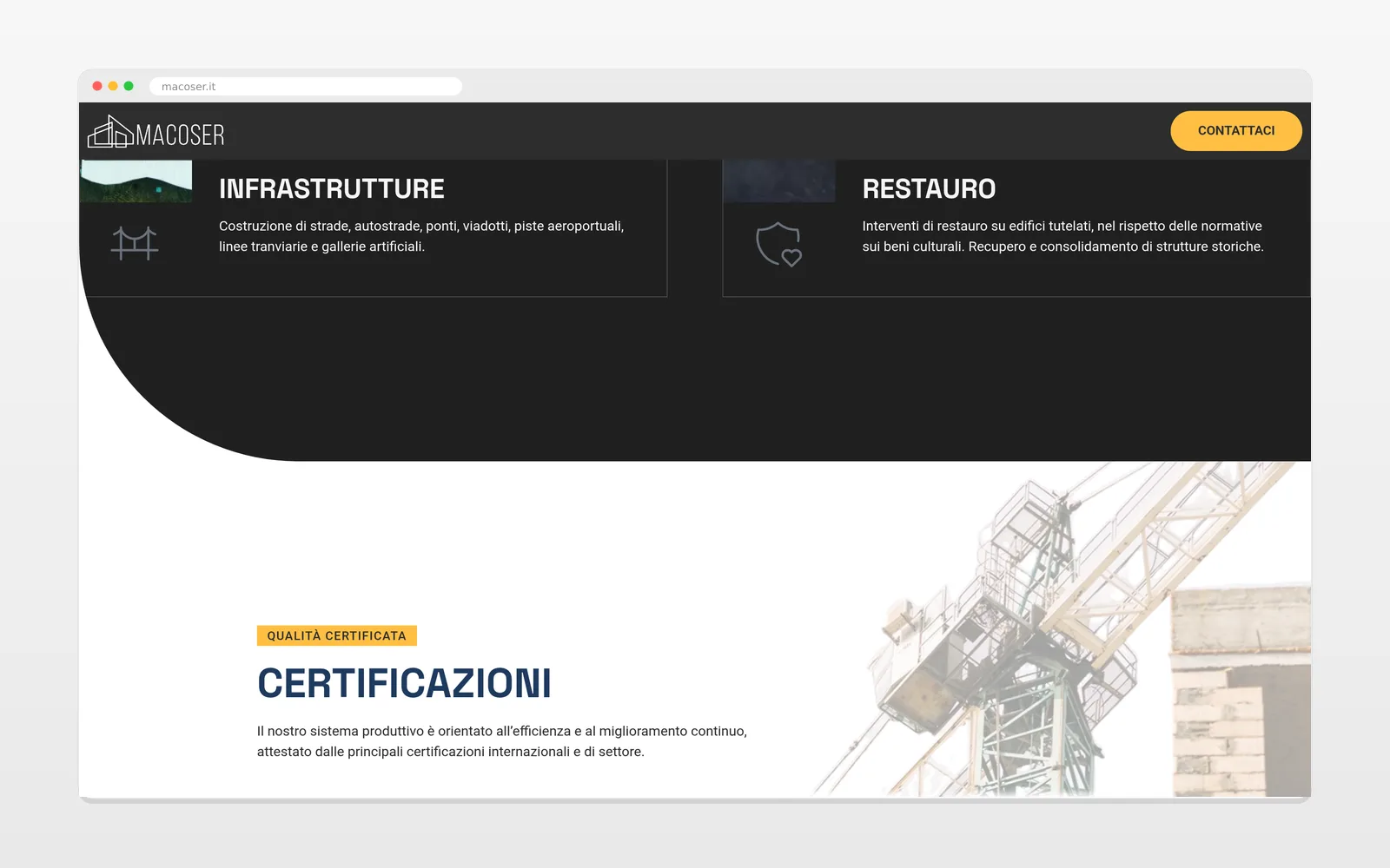 Una sezione interna del sito Macoser S.r.l. su desktop