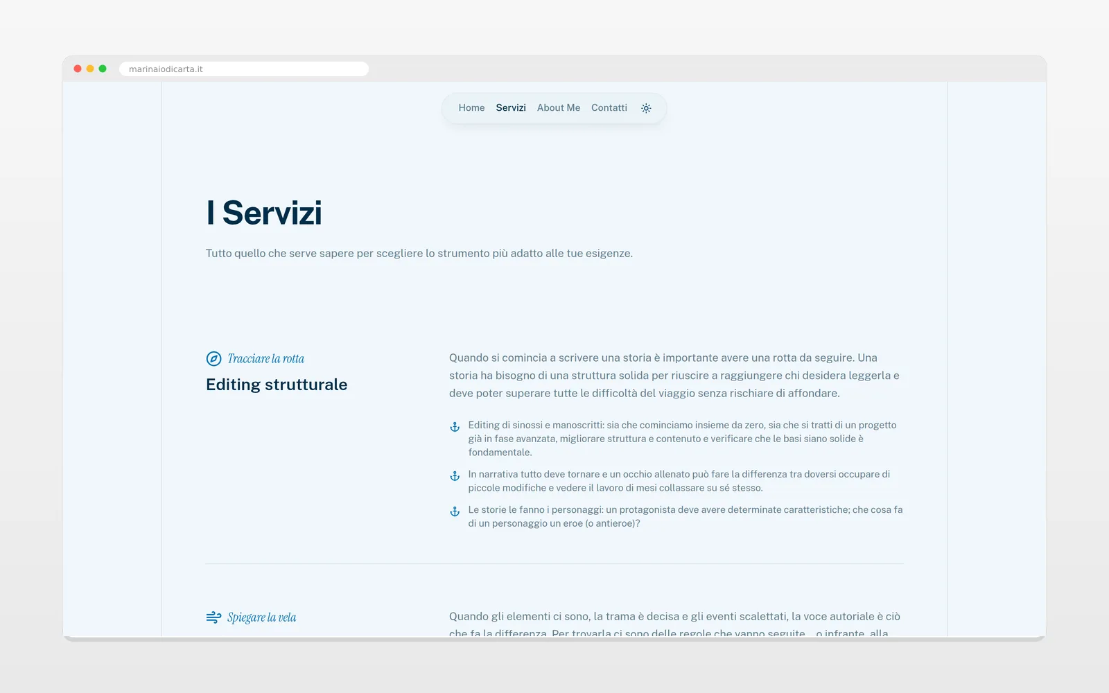Una sezione interna del sito Il Marinaio di Carta su desktop